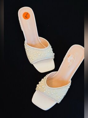 Forever Ivory Pearl-Embellished Slide Sandals thick heel